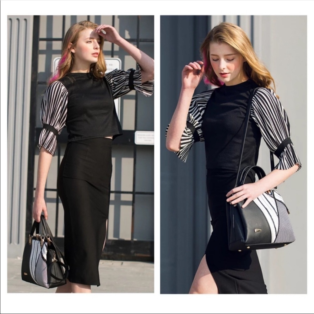Pink, Black & White Striped Handbag - Picture 4 of 10